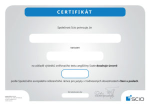 Certifikát SCATE dokládající úroveň jazykových znalostí